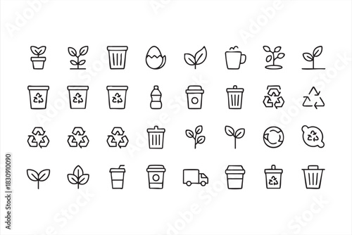 Sustainable Packaging, Waste Bins, and Plant Growth Icons in Outline Vector