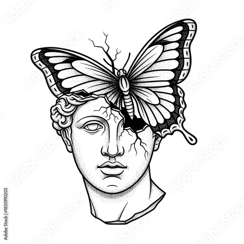 Ancient Greek bust with butterfly emerging from head symbolizing transformation and rebirth.