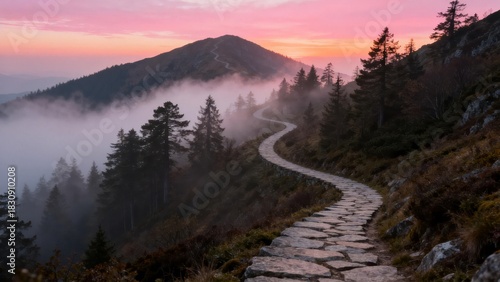 Winding mountain path at dawn, symbol of progress and new beginnings