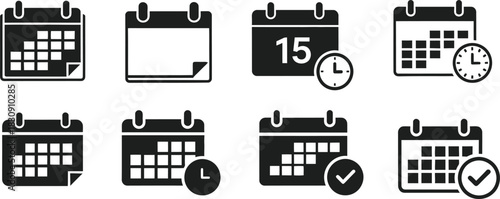 Collection of calendar icons representing dates days time and scheduling concepts