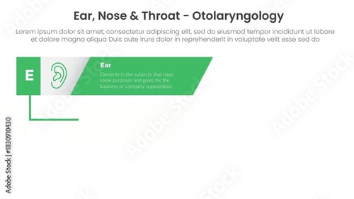 ENT or ear nose and throat infographic 3 point stage template with long rectangle box with sharp edge slide moving smooth from left with line connection video animation or animated motion