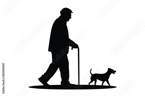 Silhouette of elderly man walking with cane and small dog