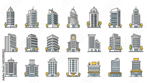 Set of Modern Urban Skyscraper and Business Building Icons Diverse Architectural Vector Illustrations for City Development and Real Estate Concepts
