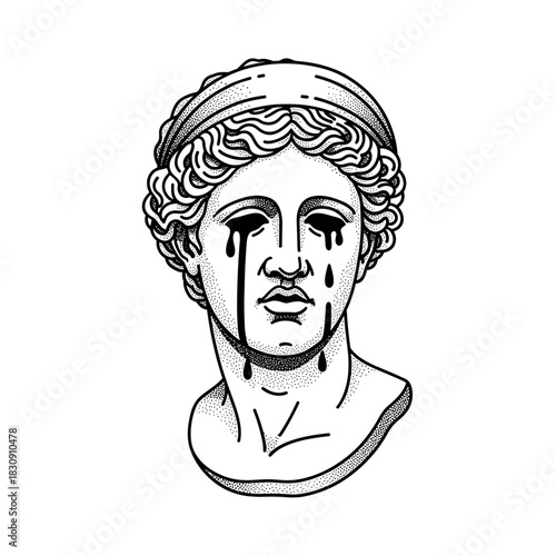 Ancient Greek Statue Head Crying Black Tears Artistic Representation.