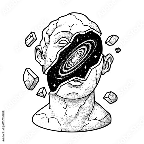 Surreal Sculpture Head Revealing a Cosmic Galaxy Within.