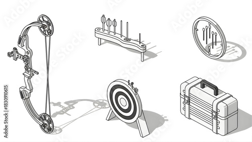 Collection of archery equipment and target practice items, including a bow, arrows, and a portable case