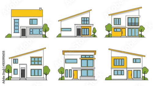 Modern House Designs Line Art Illustrations of Contemporary Homes with Clean Architecture