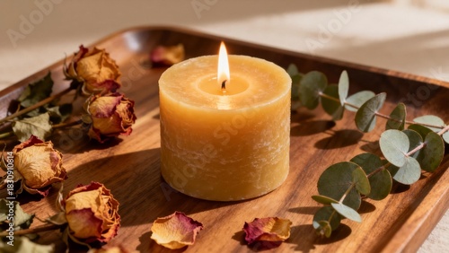 Lit soy wax candle with dried flowers on wooden tray, cozy home decor