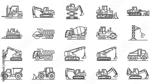 Set of heavy equipment and construction vehicle outline icons. Vector illustration of industrial transport and machinery