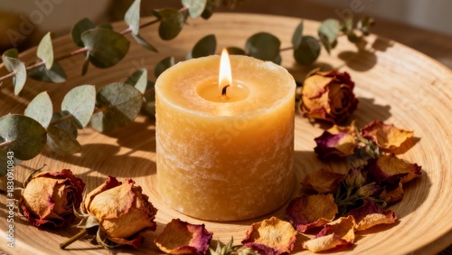 Lit soy wax candle with dried flowers on wooden tray, cozy home decor