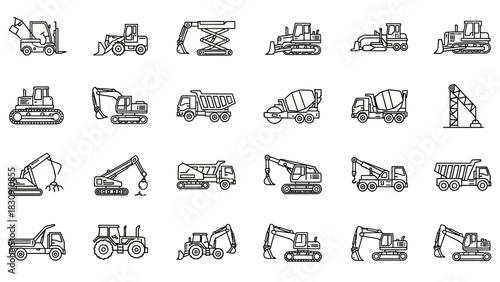 Modern outline vector icons of diverse heavy construction equipment and industrial vehicles, ideal for engineering, architecture, and urban development projects