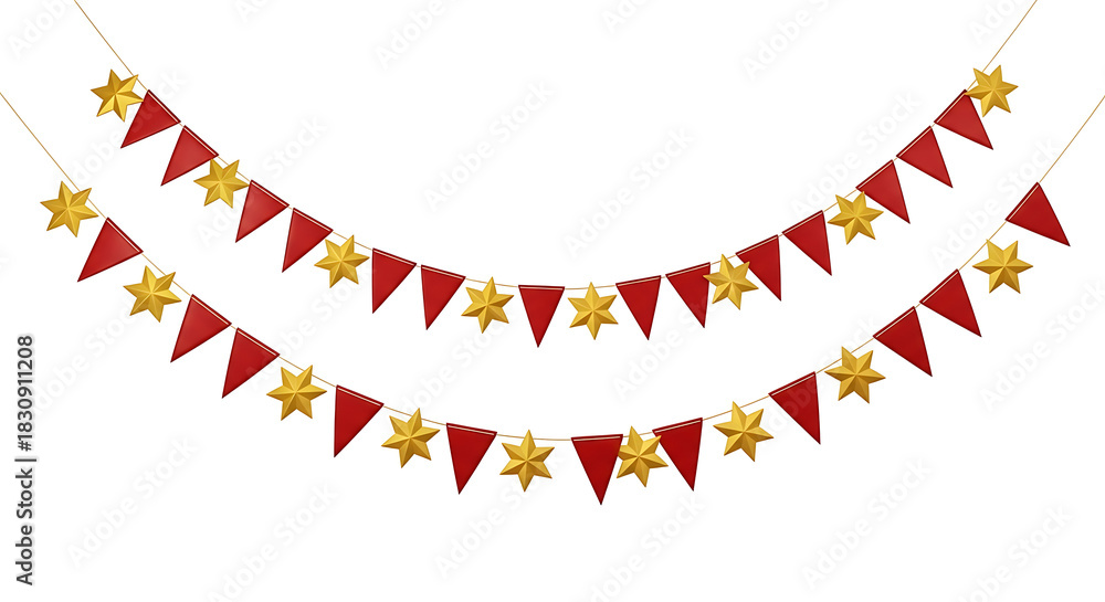 Obraz premium Red and gold festive pennant banners with star and leaf shapes