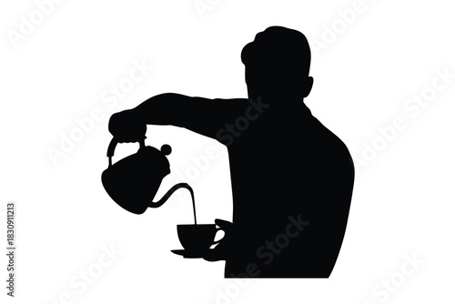 Silhouette of a person pouring tea from a kettle into a cup