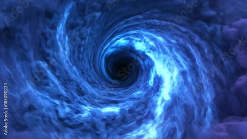 Swirling, blue-purple smoky vortex on black, abstract design, with a central eye