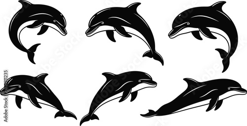 Six stylized black silhouette dolphins leaping and swimming in dynamic poses