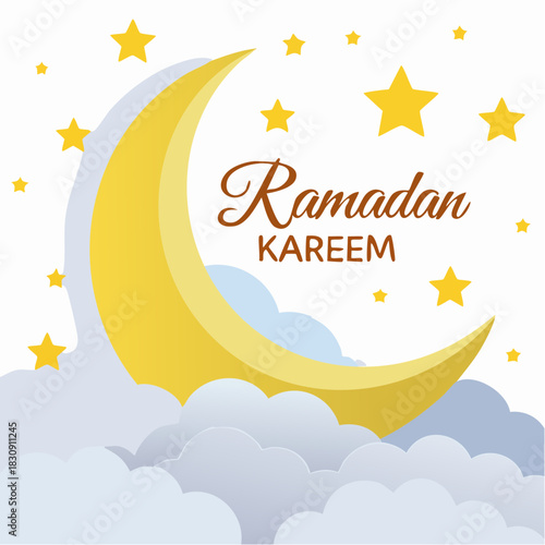 Ramadan Kareem Islamic Gift and Wish Card. A crescent moon. The crescent moon and stars among the clouds.