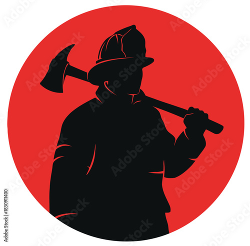 Firefighter With Axe Silhouette in Red Circle
