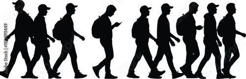 Set of Black Silhouettes of Walking Young Man Vector, Wearing a Cap and Backpack in Various Action Poses, Including Looking at Phone, Suitable for Urban and Travel Graphics, Isolated on White.