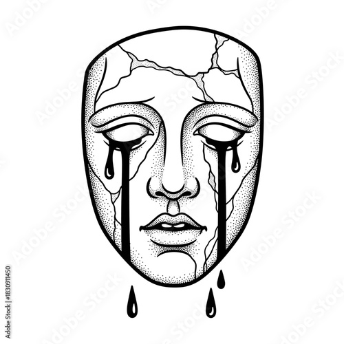 Broken Sad Mask Crying Tears of Sorrow and Pain.
