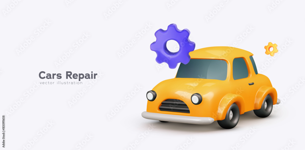 Naklejka premium Car Repair Service Icon With Cute 3D Yellow Auto And Gear Elements, Perfect For Auto Service Branding And Mechanics Concepts. Vector Illustration.