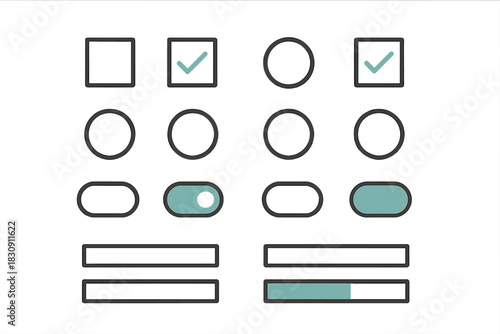Essential UI elements set with checkboxes radio buttons toggle switches and progress bars for web and app design