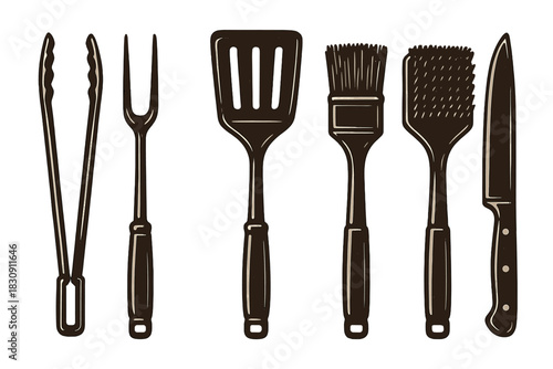 Essential barbecue grilling tools set including tongs spatula basting brush and carving knife