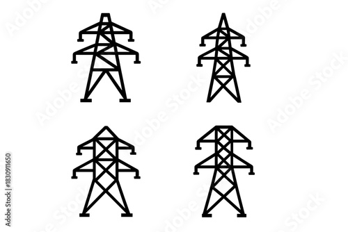 Set of four high voltage electricity pylon symbols for energy transmission
