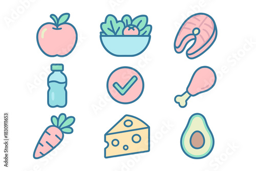 Healthy food and nutrition set featuring fresh produce, protein, dairy, and hydration elements