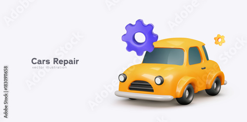 Car Repair Service Icon With Cute 3D Yellow Auto And Gear Elements, Perfect For Auto Service Branding And Mechanics Concepts. Vector Illustration.