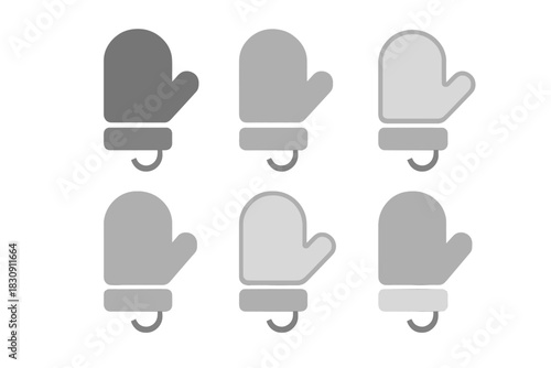 Six monochrome kitchen oven mitt icons set with slight shading variations for cooking safety