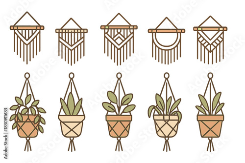 Collection of macrame wall decor and hanging potted plants in minimalist bohemian style