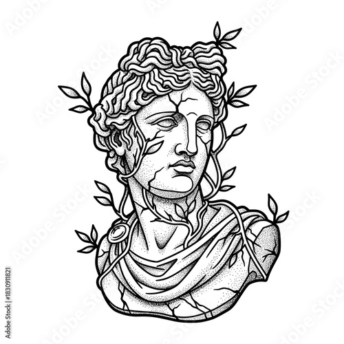 Ancient Greek Sculpture Bust with Growing Plants.