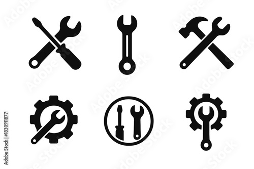 Essential service and repair tools icon set featuring wrench, screwdriver, hammer, and gear symbols