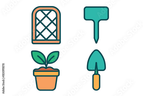 Essential gardening equipment including potted plant, hand trowel, plant marker, and protective trellis