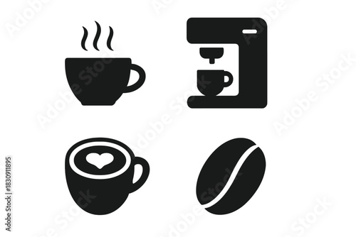 Minimalist black symbols for coffee shop menu including cup, espresso machine, latte art, and bean