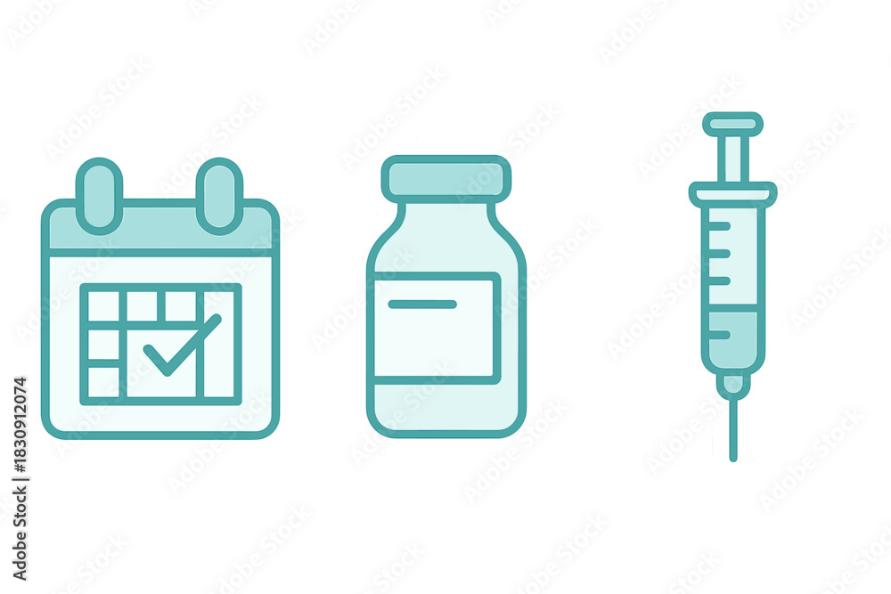 Obraz premium Healthcare icons showing calendar appointment, vaccine vial, and hypodermic syringe