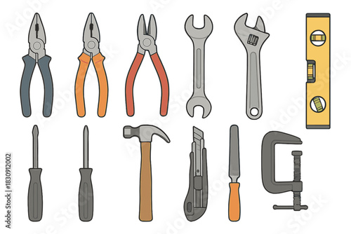 Essential set of construction and repair hand tools: hammer, pliers, wrenches, and screwdrivers