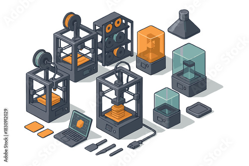 Isometric set of FDM and SLA 3D printers, filament spools, and accessories for additive manufacturing