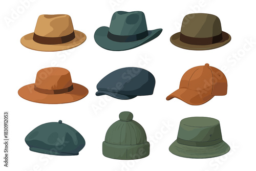Diverse collection of headwear styles including fedoras, caps, berets, and beanies