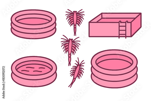 Set of inflatable swimming pools and tiny aquatic organisms for water quality testing