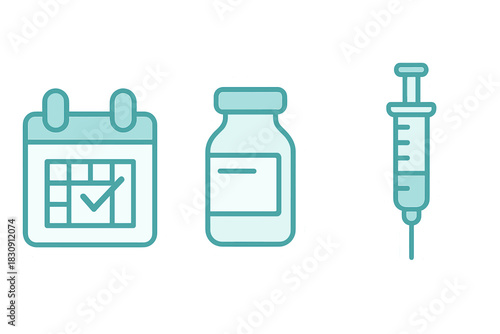 Healthcare icons showing calendar appointment, vaccine vial, and hypodermic syringe