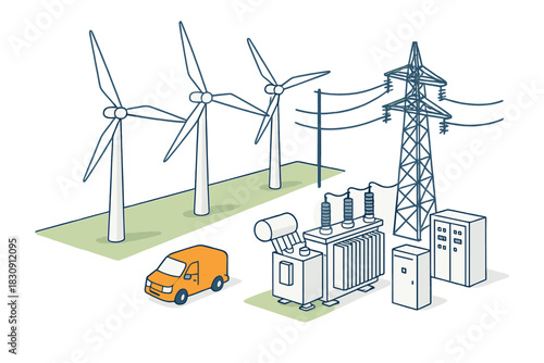 Renewable energy power grid system with wind turbines, transmission tower, and electrical equipment