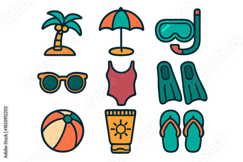Summer beach vacation accessories set including snorkel mask sunscreen and flip flops