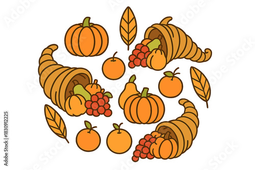 Autumn harvest bounty arrangement with cornucopias, pumpkins, gourds, grapes, and fall leaves