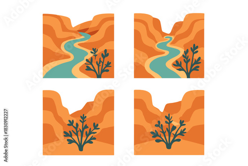 Abstract desert landscape with winding river and stylized canyon rocks