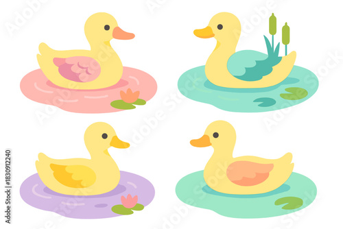 Cute yellow ducks swimming in pastel colored ponds with water lilies and reeds