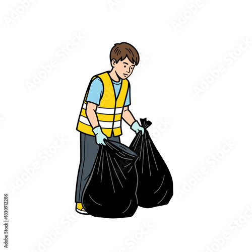 Boy collecting litter with trash bags, environmental cleanup and community service activity