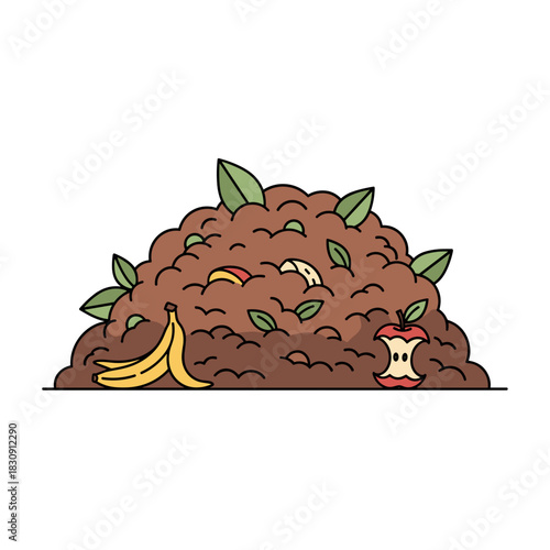 Compost pile with food scraps and leaves, organic waste management and sustainability concept