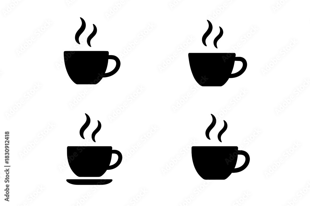 Obraz premium Minimalist black design featuring steaming hot coffee and tea beverages in various mugs