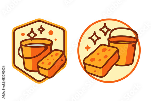 Professional cleaning service badge set with bucket and sponge showing sparkle and shine